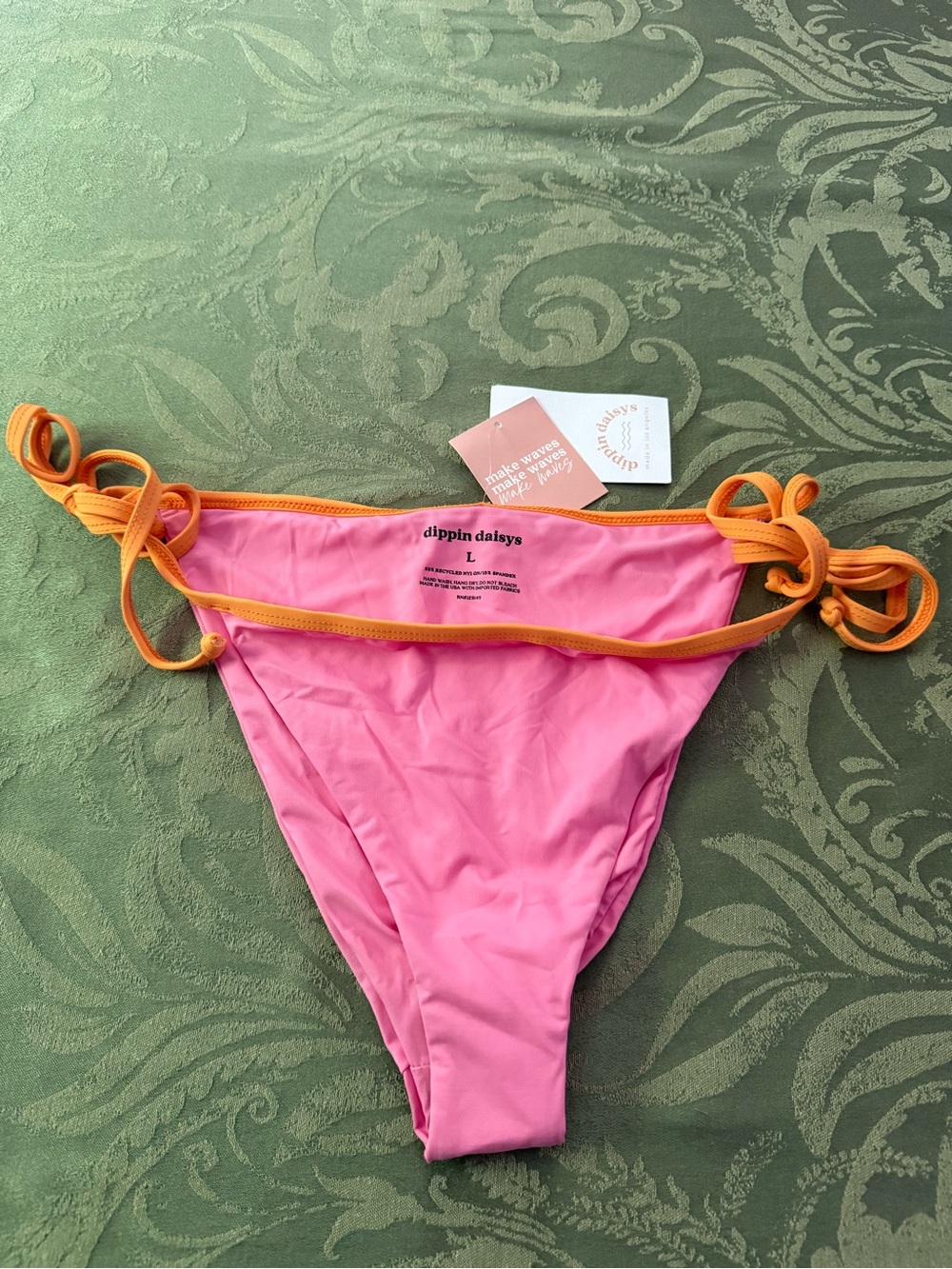 Dippin' Daisy's Pink Bikini Bottom with Orange Trim - Tie Side size L NWT